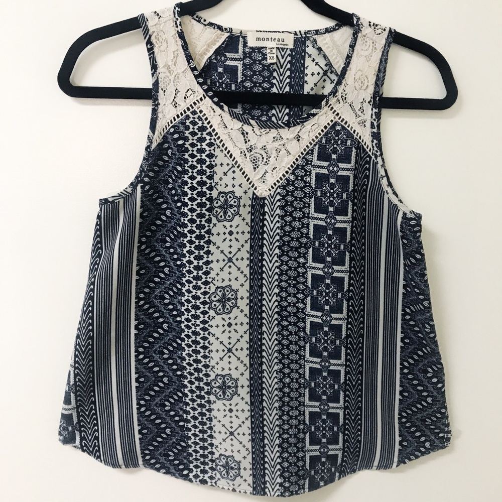 Patterned Navy Blue Blouse Worn Once
